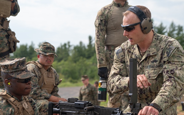 U.S. Coast Guardsmen with PSU 309 and Marines with 4th MAW participate in a joint live-fire machine gun range during Atlantic Alliance 25