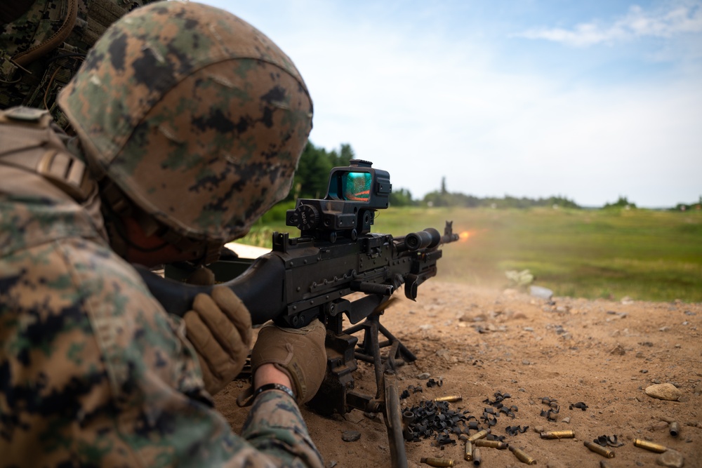 U.S. Coast Guardsmen with PSU 309 and Marines with 4th MAW participate in a joint live-fire machine gun range during Atlantic Alliance 25
