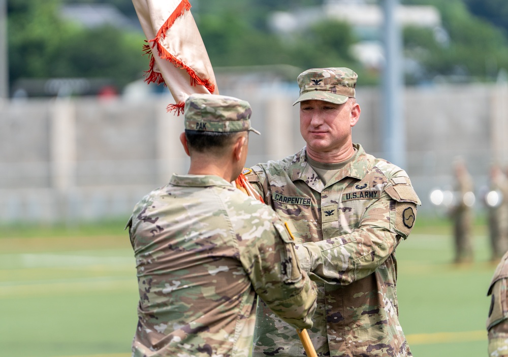 Col. R. Scott Carpenter assumed command of the U.S. Army Materiel Support Command – Korea from Col. Brian T. Donahue during a Change of Command Ceremony held today at Story Field, Camp Carroll.