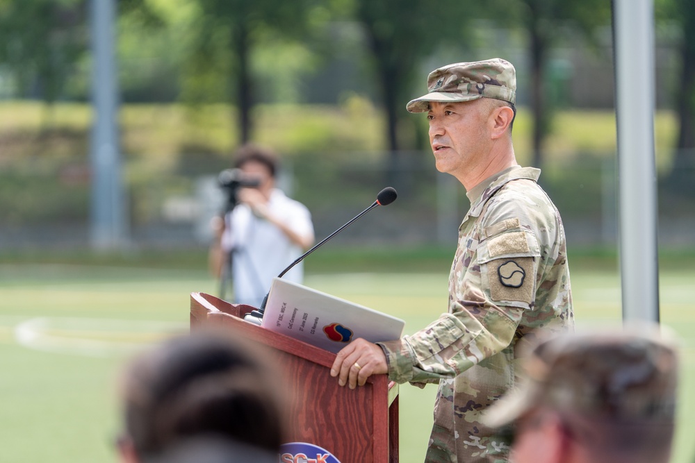 Col. R. Scott Carpenter assumed command of the U.S. Army Materiel Support Command – Korea from Col. Brian T. Donahue during a Change of Command Ceremony held today at Story Field, Camp Carroll.