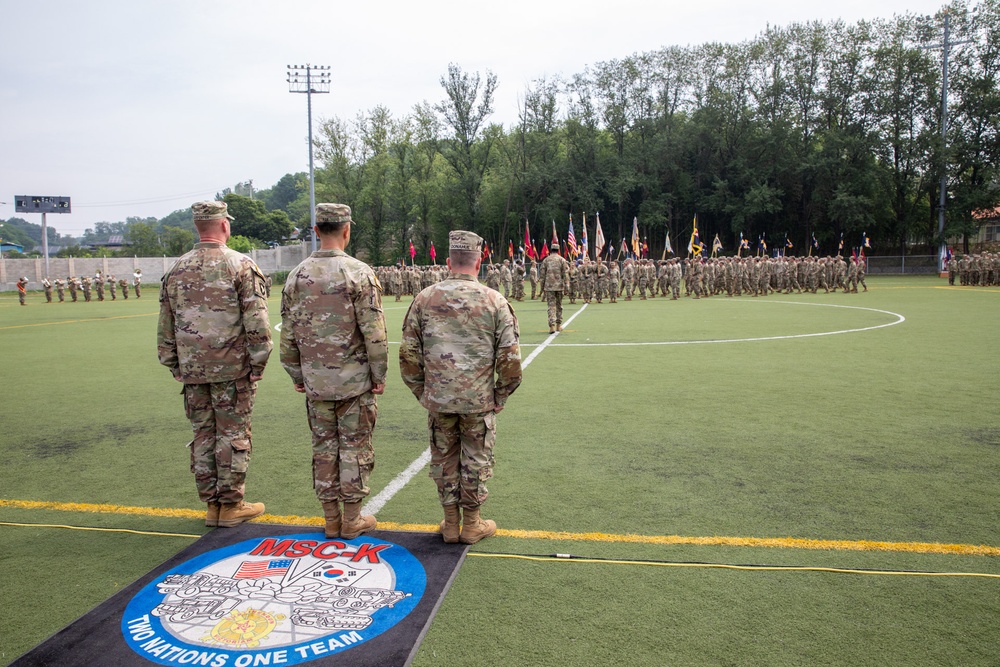 Col. R. Scott Carpenter assumed command of the U.S. Army Materiel Support Command – Korea from Col. Brian T. Donahue during a Change of Command Ceremony held today at Story Field, Camp Carroll.