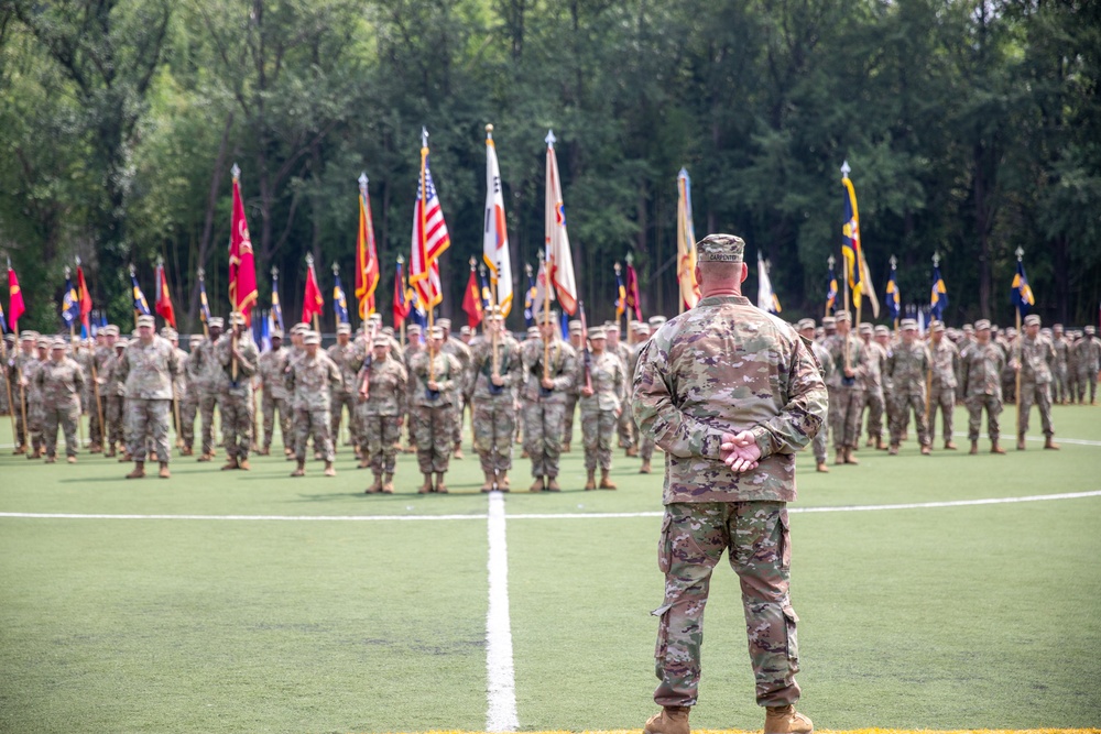 Col. R. Scott Carpenter assumed command of the U.S. Army Materiel Support Command – Korea from Col. Brian T. Donahue during a Change of Command Ceremony held today at Story Field, Camp Carroll.