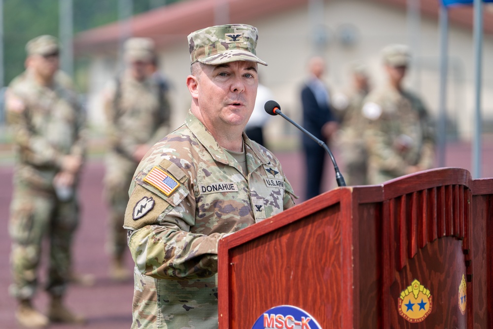 Col. R. Scott Carpenter assumed command of the U.S. Army Materiel Support Command – Korea from Col. Brian T. Donahue during a Change of Command Ceremony held today at Story Field, Camp Carroll.