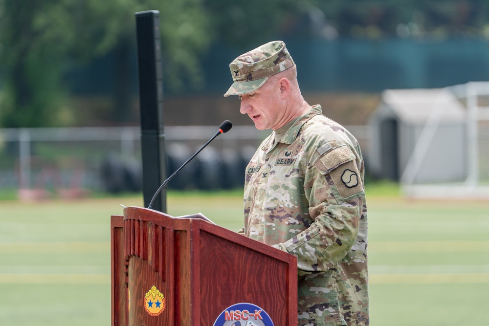 Col. R. Scott Carpenter assumed command of the U.S. Army Materiel Support Command – Korea from Col. Brian T. Donahue during a Change of Command Ceremony held today at Story Field, Camp Carroll.