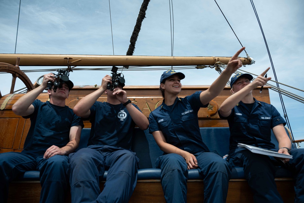 USCG cadets perform sextant training aboard the Eagle