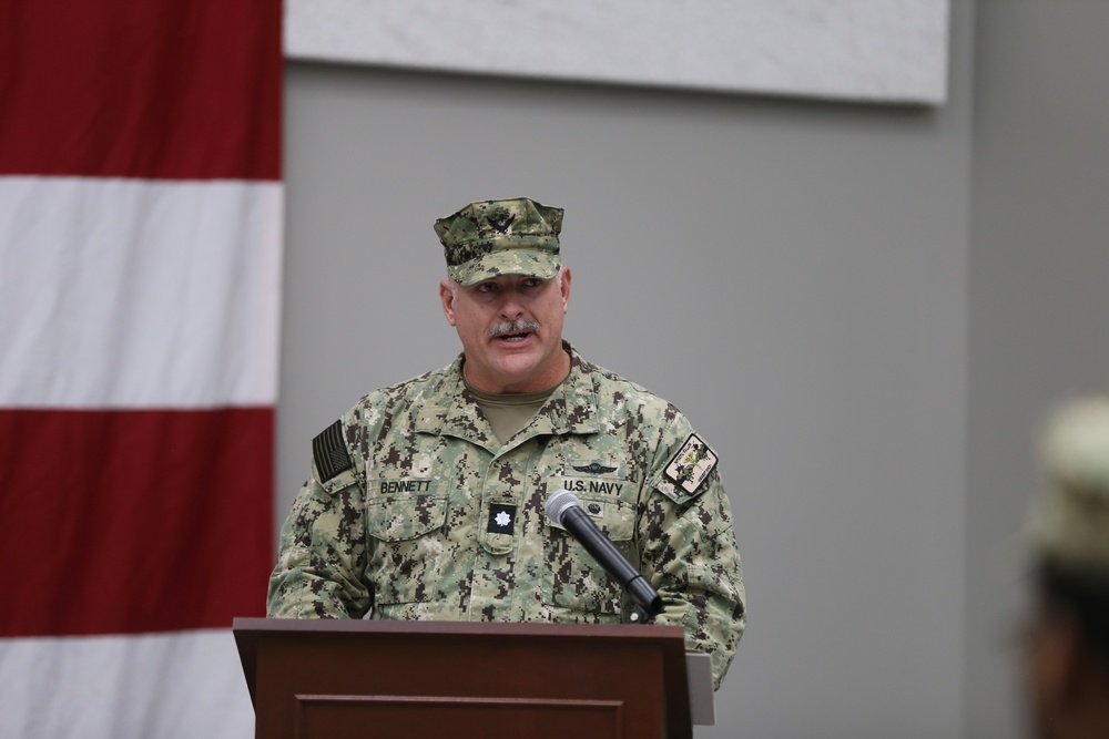Cmdr. Dave Bennett speaks during Navy Medicine and Training Unit Fallon’s Change-of-Charge Ceremony