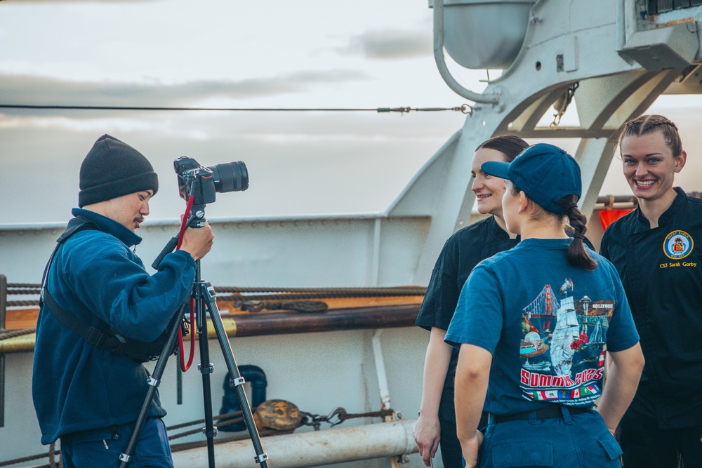 Coast Guard Cutter Eagle crew poses for portraits to promote Los Angeles Fleet Week 2025