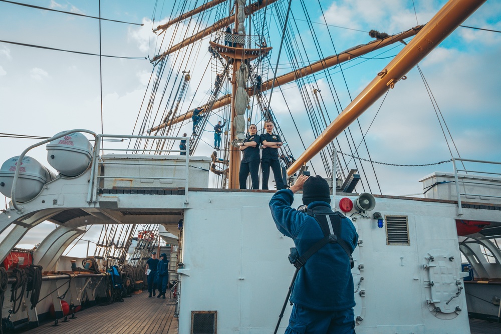 Coast Guard Cutter Eagle crew poses for portraits to promote Los Angeles Fleet Week 2025