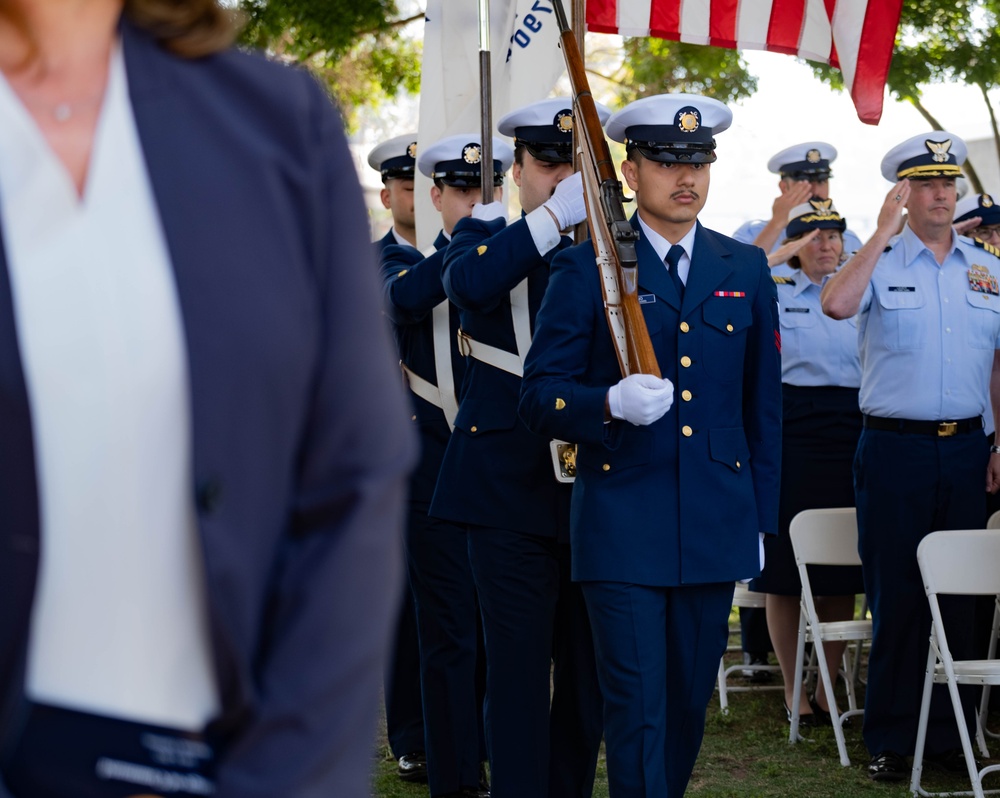 U.S. Coast Guard Base Alameda honor guard performs during Southwest District Change of Command ceremony