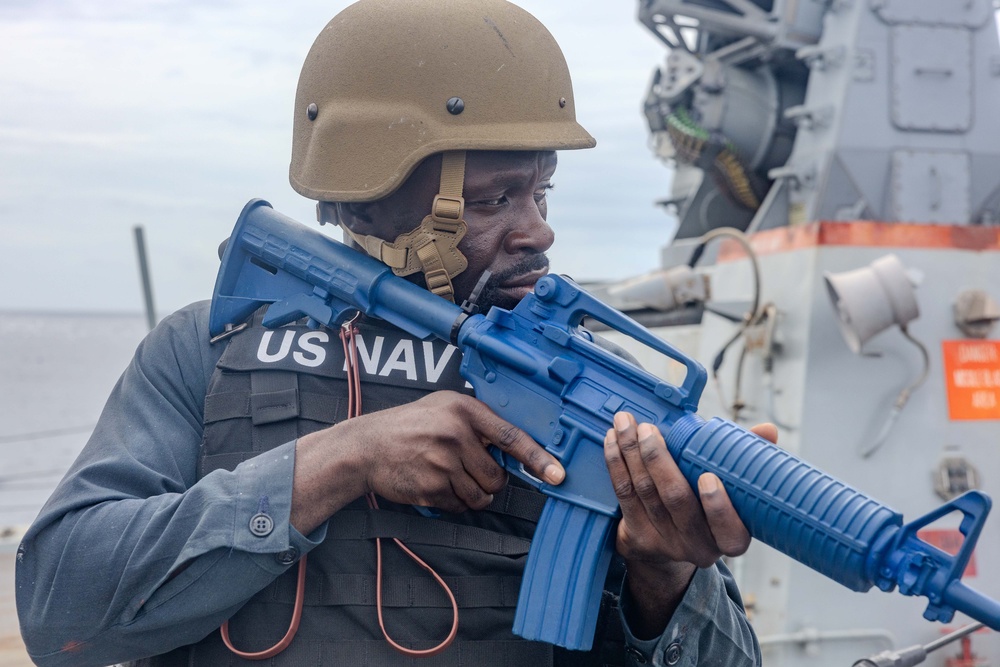 Sailors Respond During an Anti-terrorism Drill aboard USS Ralph Johnson