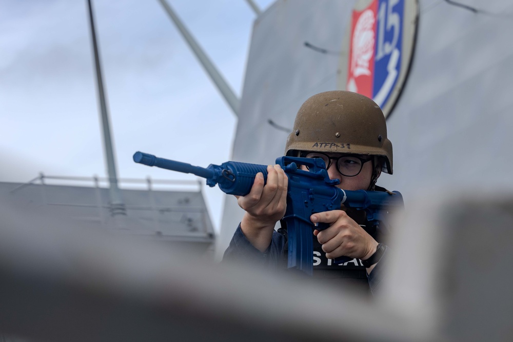 Sailors Respond During an Anti-terrorism Drill aboard USS Ralph Johnson