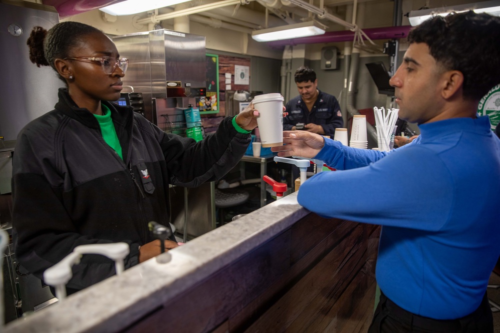 USS Gerald R. Ford (CVN 78) Sailors Serve Coffee