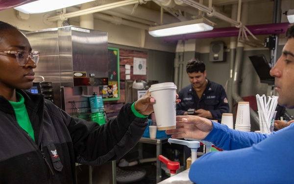 USS Gerald R. Ford (CVN 78) Sailors Serve Coffee