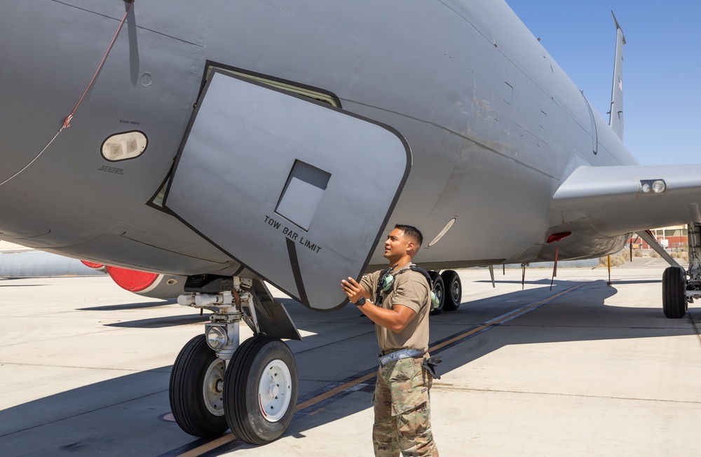 KC-135 Stratotanker gets ready to support a test mission at Edwards Air Force Base