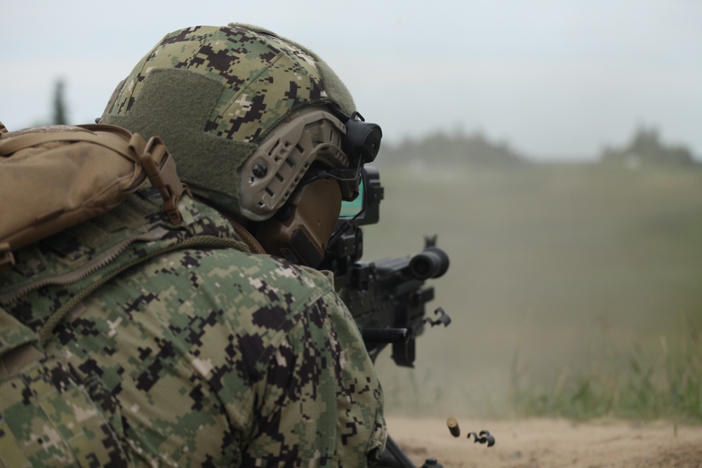 U.S. Marines and U.S. Coast Guardsmen conduct a machine gun range at Atlantic Alliance '25 (AA25)