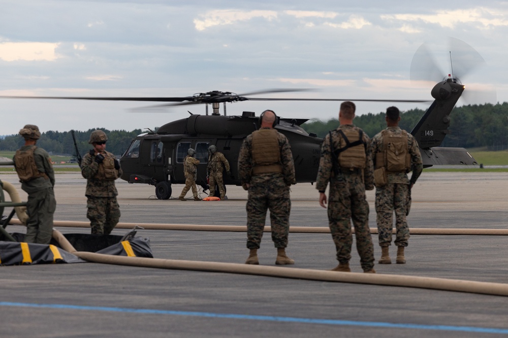 U.S. Marines with MWSS- 273 refuel a Connecticut Army National Guard UH-60 Blackhawk during Atlantic Alliance 2025