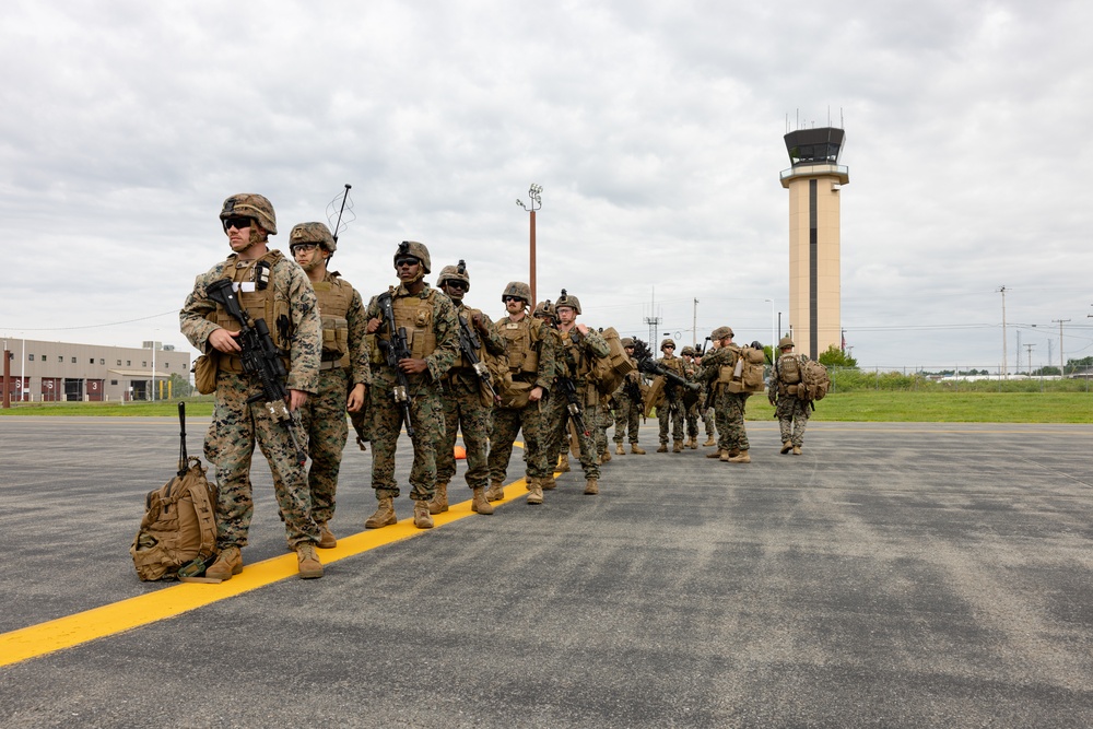 U.S. Marines with VMM-162 transport Marines with 1st Battalion, 25th Marines during Atlantic Alliance 2025