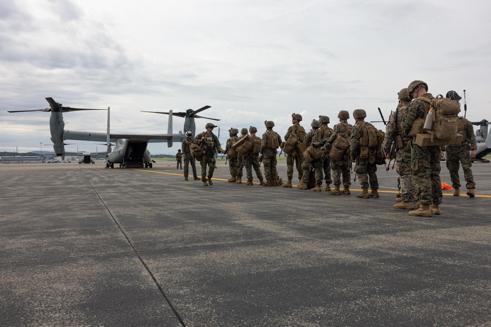 U.S. Marines with VMM-162 transport Marines with 1st Battalion, 25th Marines during Atlantic Alliance 2025