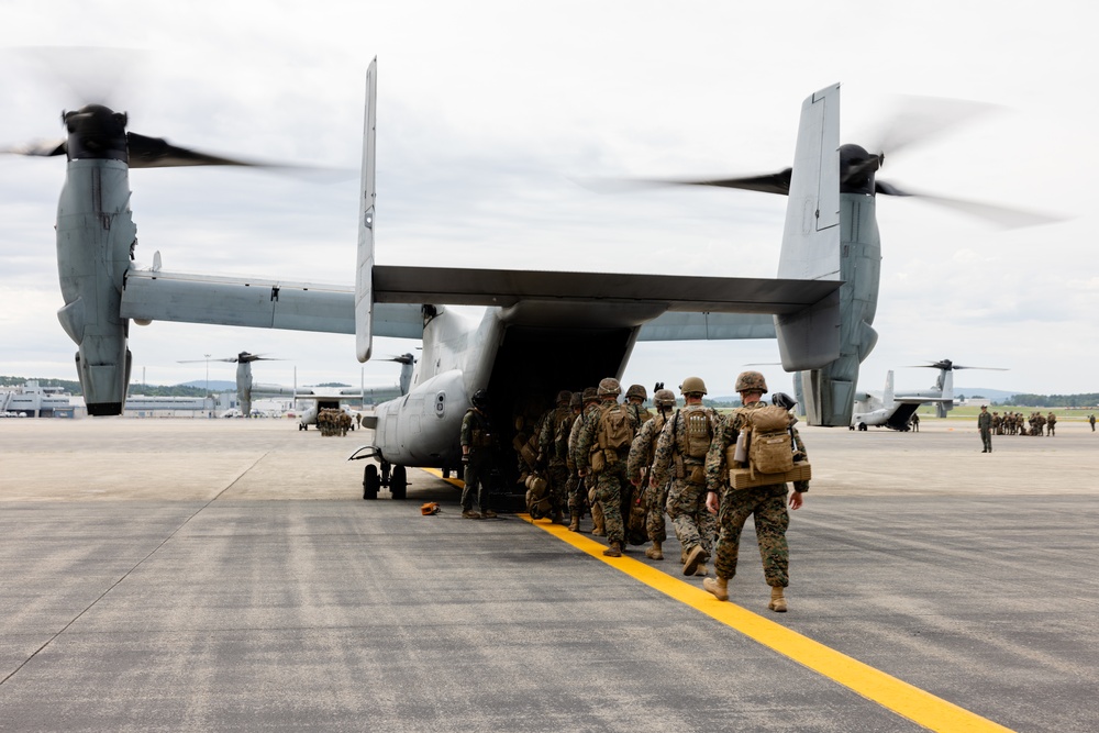 U.S. Marines with VMM-162 transport Marines with 1st Battalion, 25th Marines during Atlantic Alliance 2025