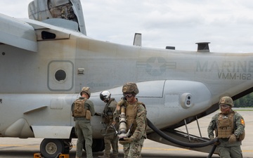 U.S. Marines with VMM-162 transport Marines with 1st Battalion, 25th Marines during Atlantic Alliance 2025