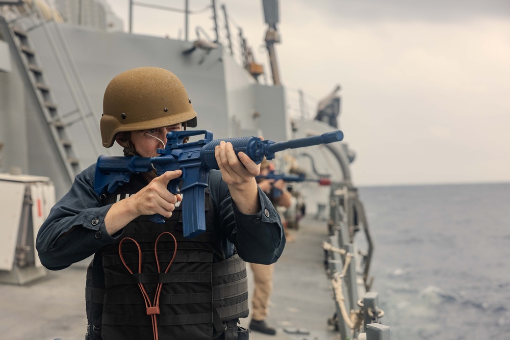 Sailors Respond During an Anti-terrorism Drill aboard USS Ralph Johnson