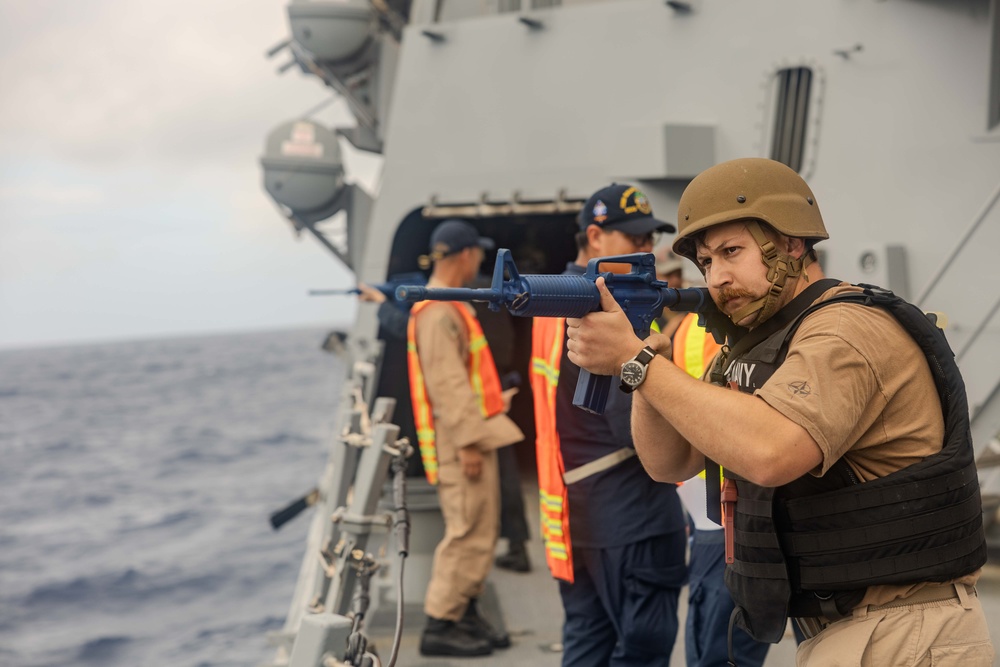 Sailors Respond During an Anti-terrorism Drill aboard USS Ralph Johnson