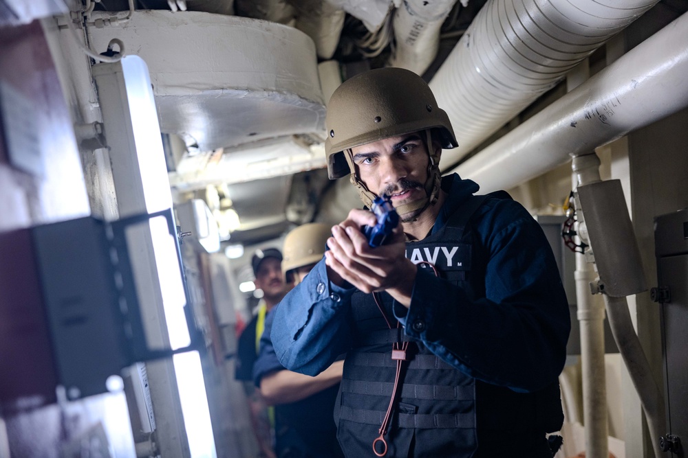 Sailors Respond During an Anti-terrorism Drill aboard USS Ralph Johnson