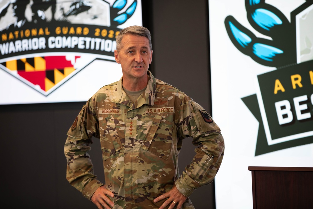 Chief of the National Guard Bureau speaks during the Army National Guard's 2025 Best Warrior Competition opening ceremony