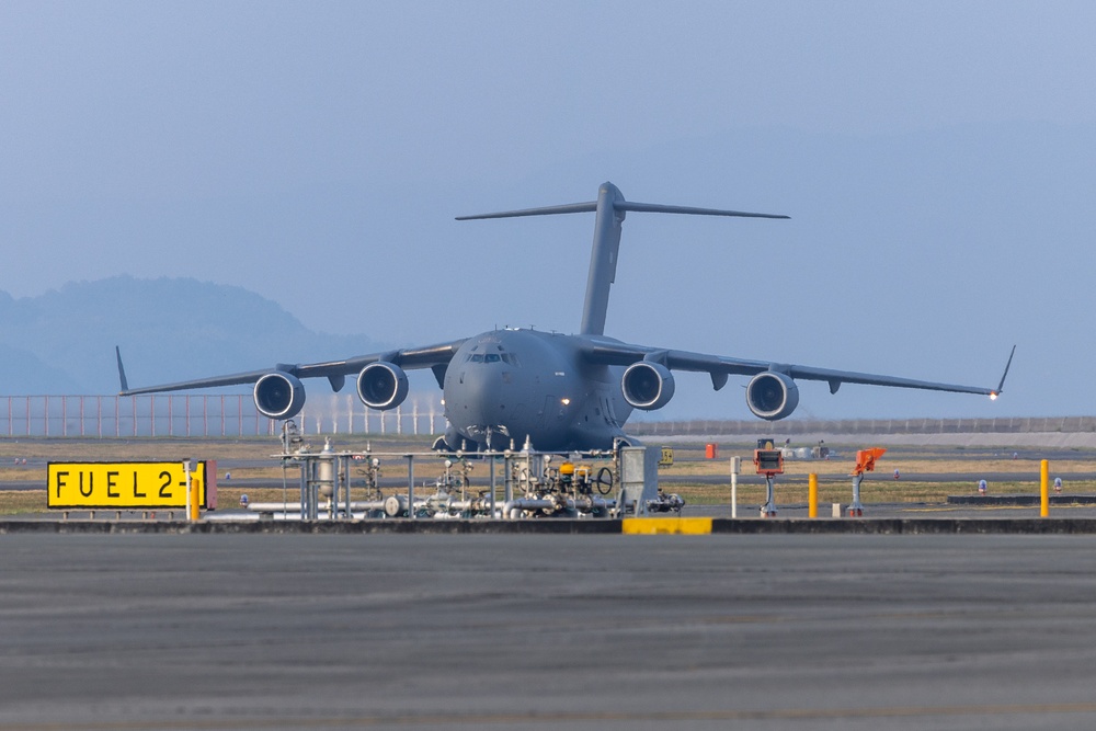 U.S. Airmen with 177th Fighter Wing and 437th Airlift Wing land at MCAS Iwakuni for exercise Resolute Force Pacific