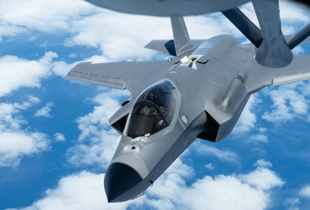 22 ARW KC-135s aerial refuel F-35s during the DLE 2025