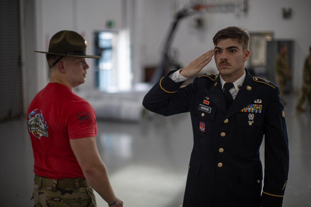 Spc. Adam Andrews under pressure during drill and ceremony at Best Warrior 2025