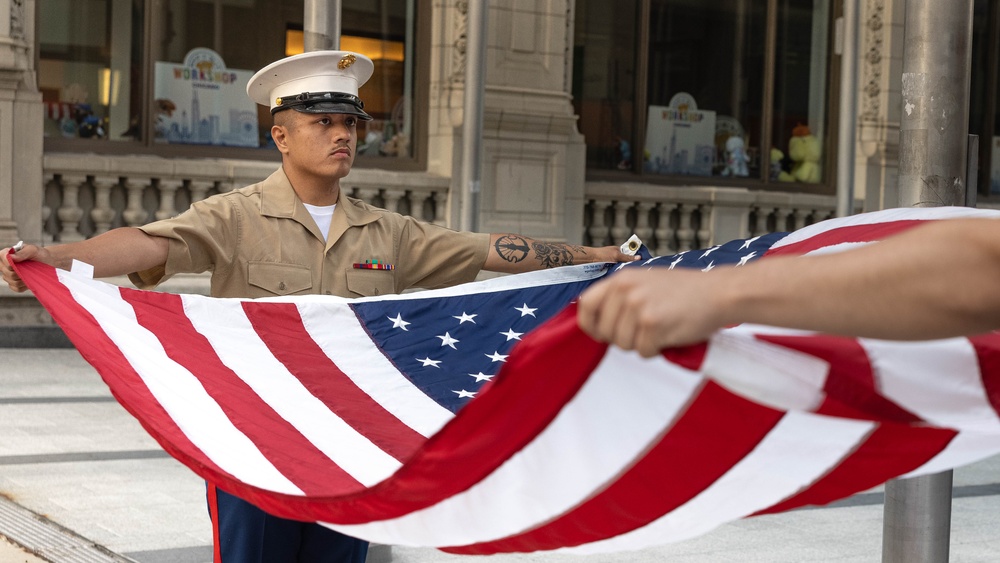 Marines present Morning Colors at Chicago Marine Week 2025