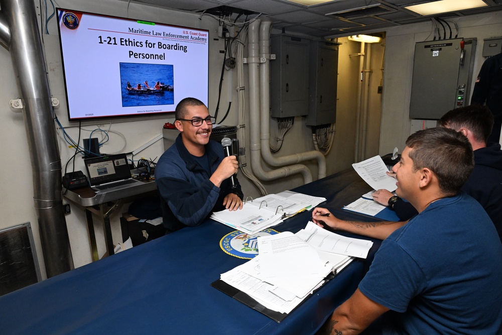 Coast Guard Cutter Stratton crewmembers conduct training at sea