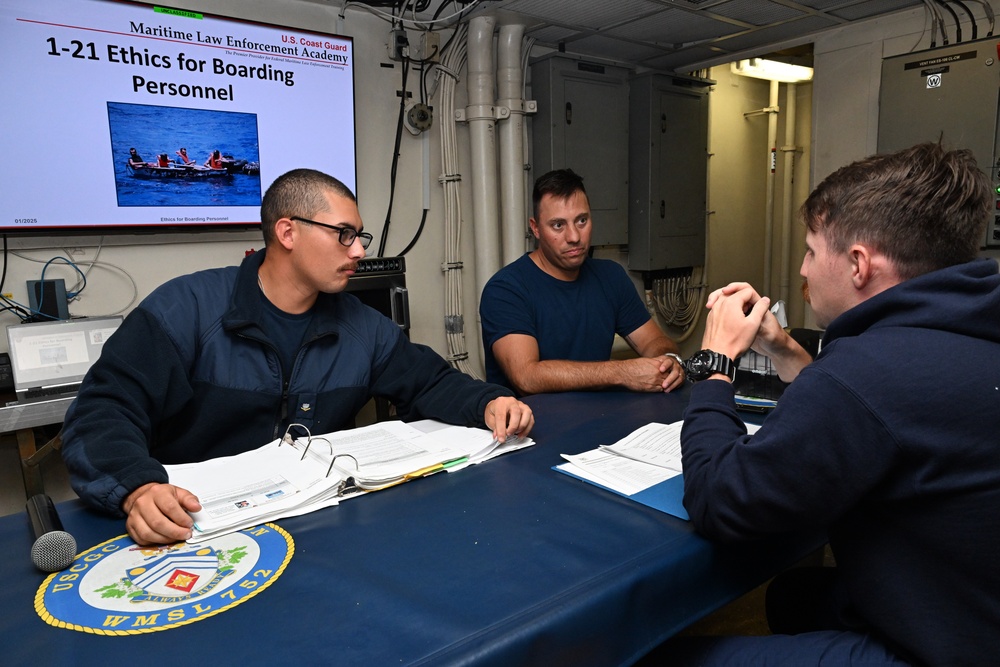 Coast Guard Cutter Stratton crewmembers conduct training at sea