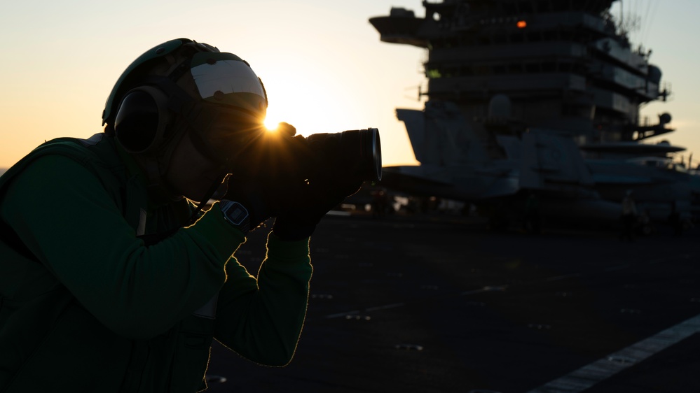 George Washington Conducts Flight Operations at Sunset