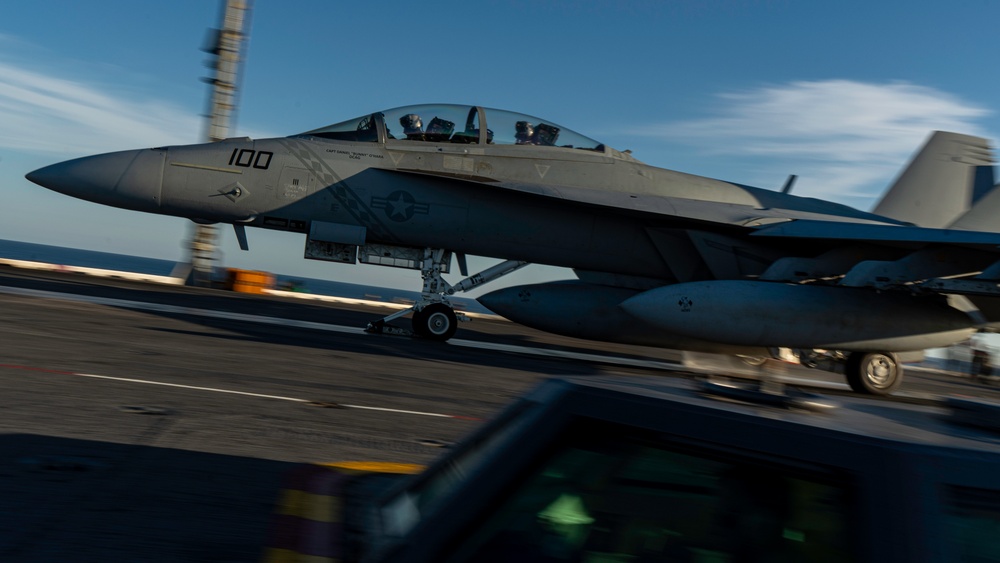 George Washington Conducts Flight Operations at Sunset