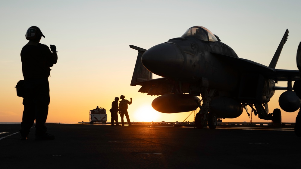 George Washington Conducts Flight Operations at Sunset