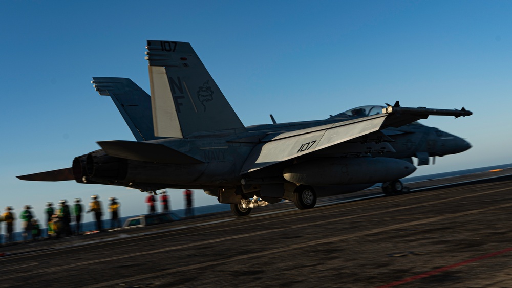 George Washington Conducts Flight Operations at Sunset