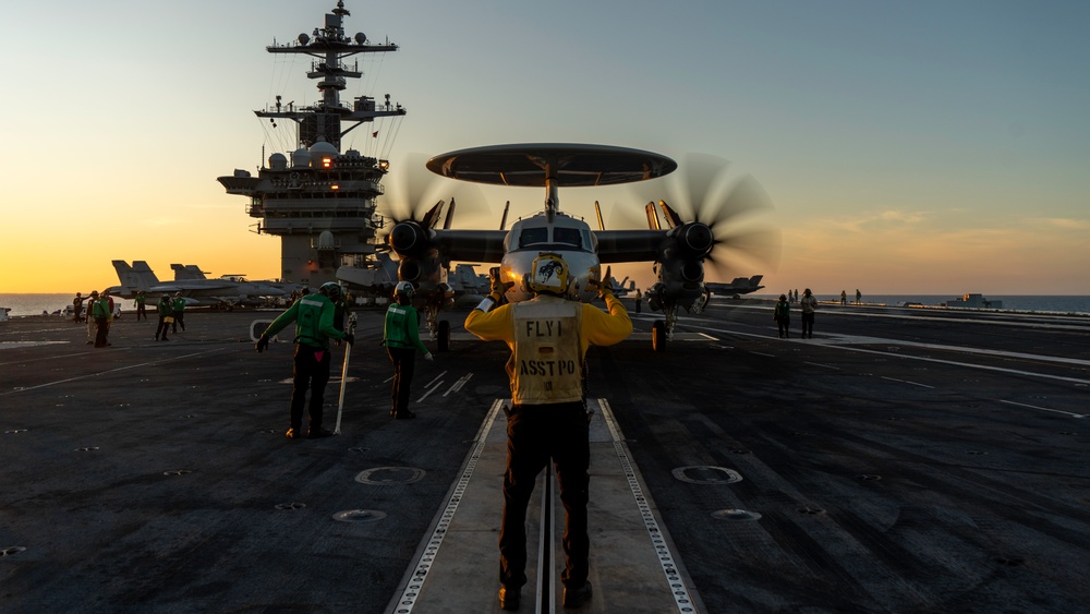 George Washington Conducts Flight Operations at Sunset