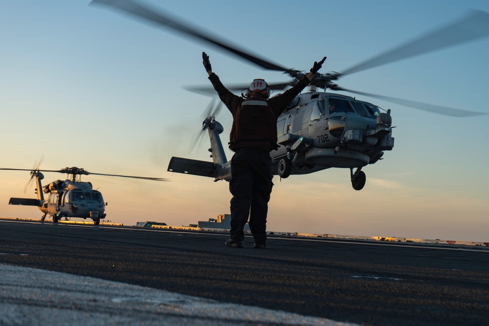 George Washington Conducts Flight Operations at Sunset