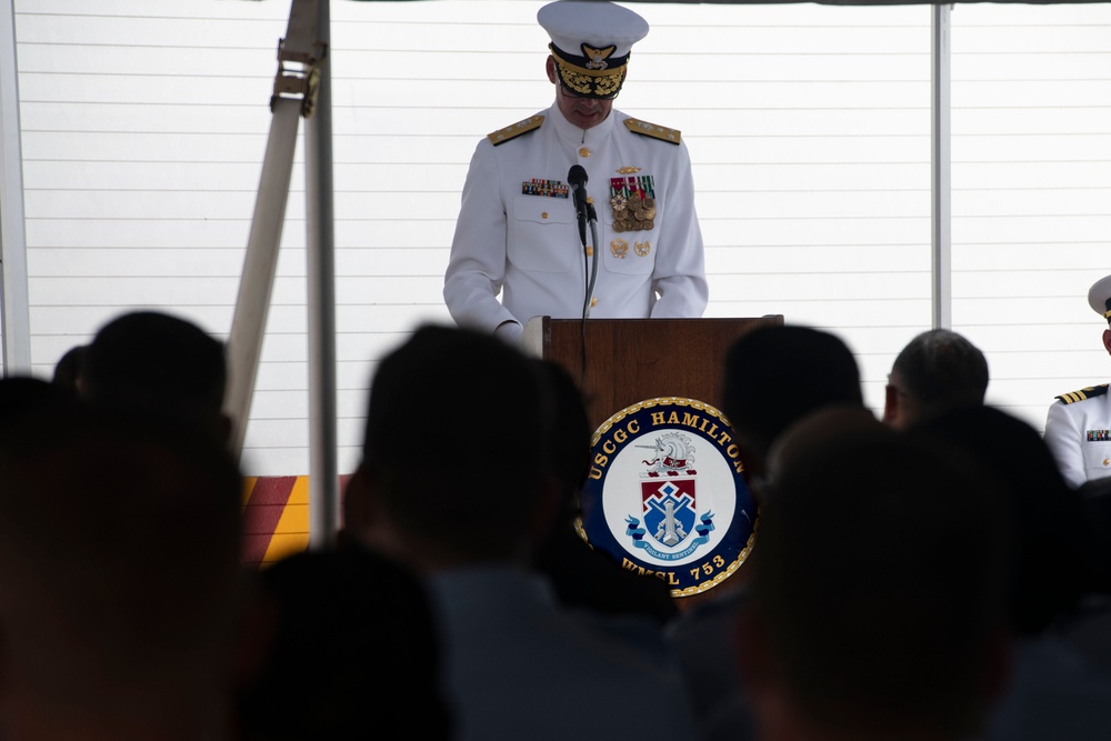 The U.S. Coast Guard Cutter Hamilton conducts change of command ceremony