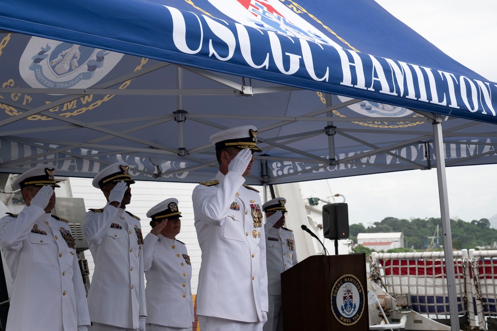 The U.S. Coast Guard Cutter Hamilton conducts change of command ceremony