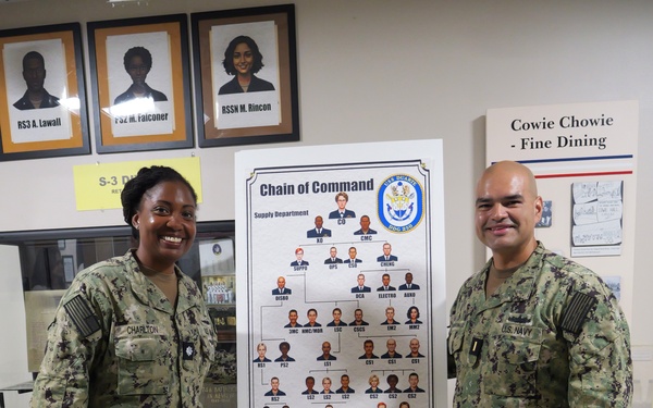 NSCS Executive Officer CDR Jennifer Charlton (left) and artist ENS Joseph Montano (right) stand next to an illustration containing the full crew of the USS Duarte (DDG 250)