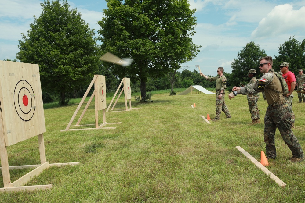 Sgt. Miles Crawford and Staff Sgt. Nicolas White throw axes - 2025 National Best Warrior
