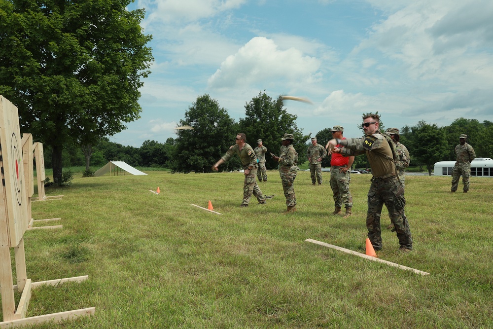 Sgt. Miles Crawford and Staff Sgt. Nicolas White throw axes - 2025 National Best Warrior