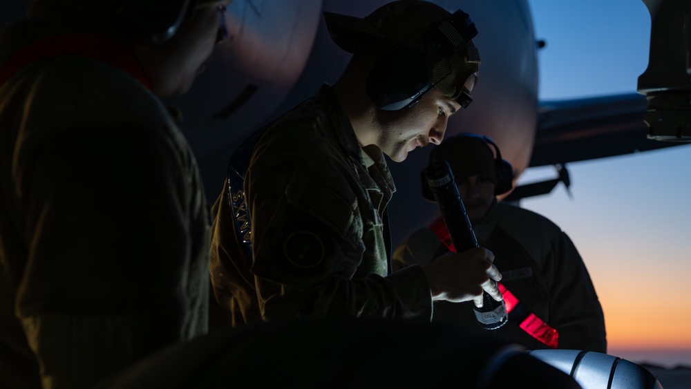 660th AMXS crew chiefs perform pre-flight inspection on KC-46A Pegasus