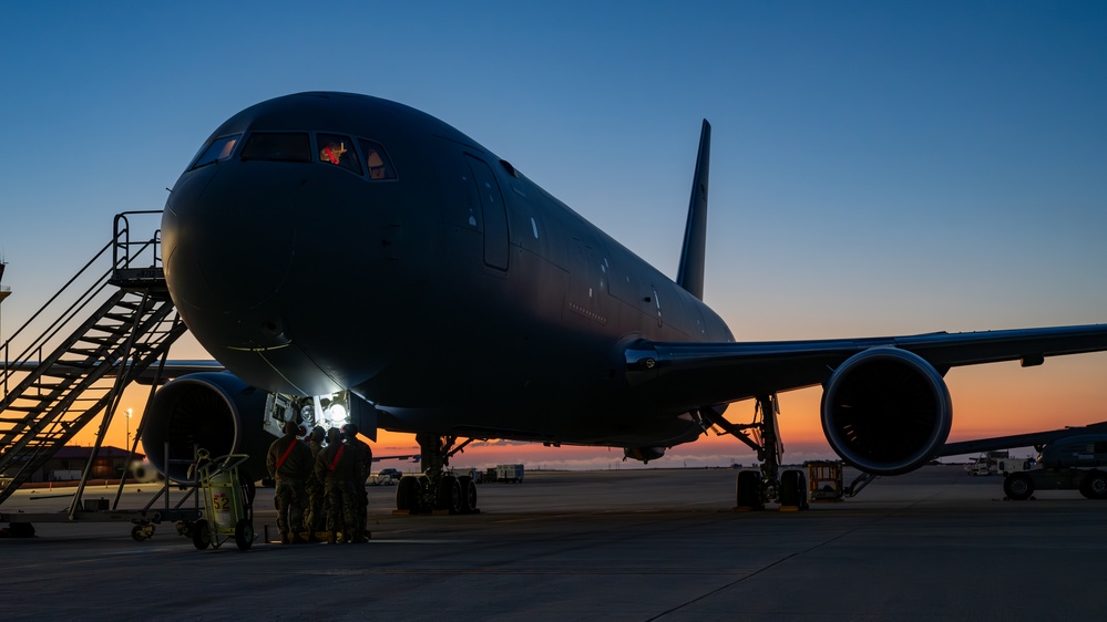 660th AMXS crew chiefs perform pre-flight inspection on KC-46A Pegasus