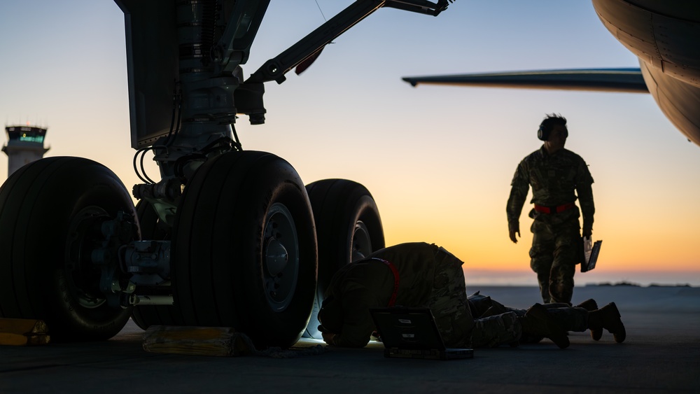 660th AMXS crew chiefs perform pre-flight inspection on KC-46A Pegasus