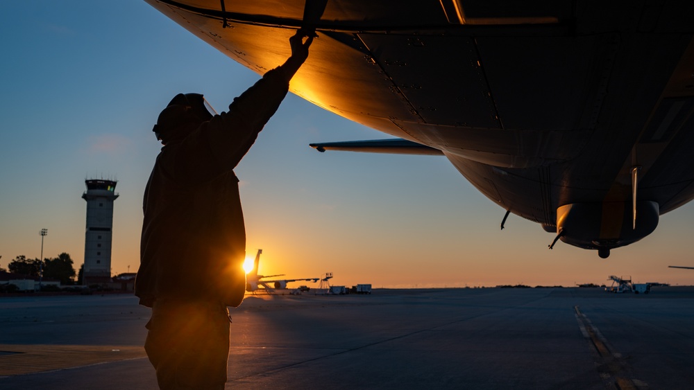 660th AMXS crew chiefs perform pre-flight inspection on KC-46A Pegasus