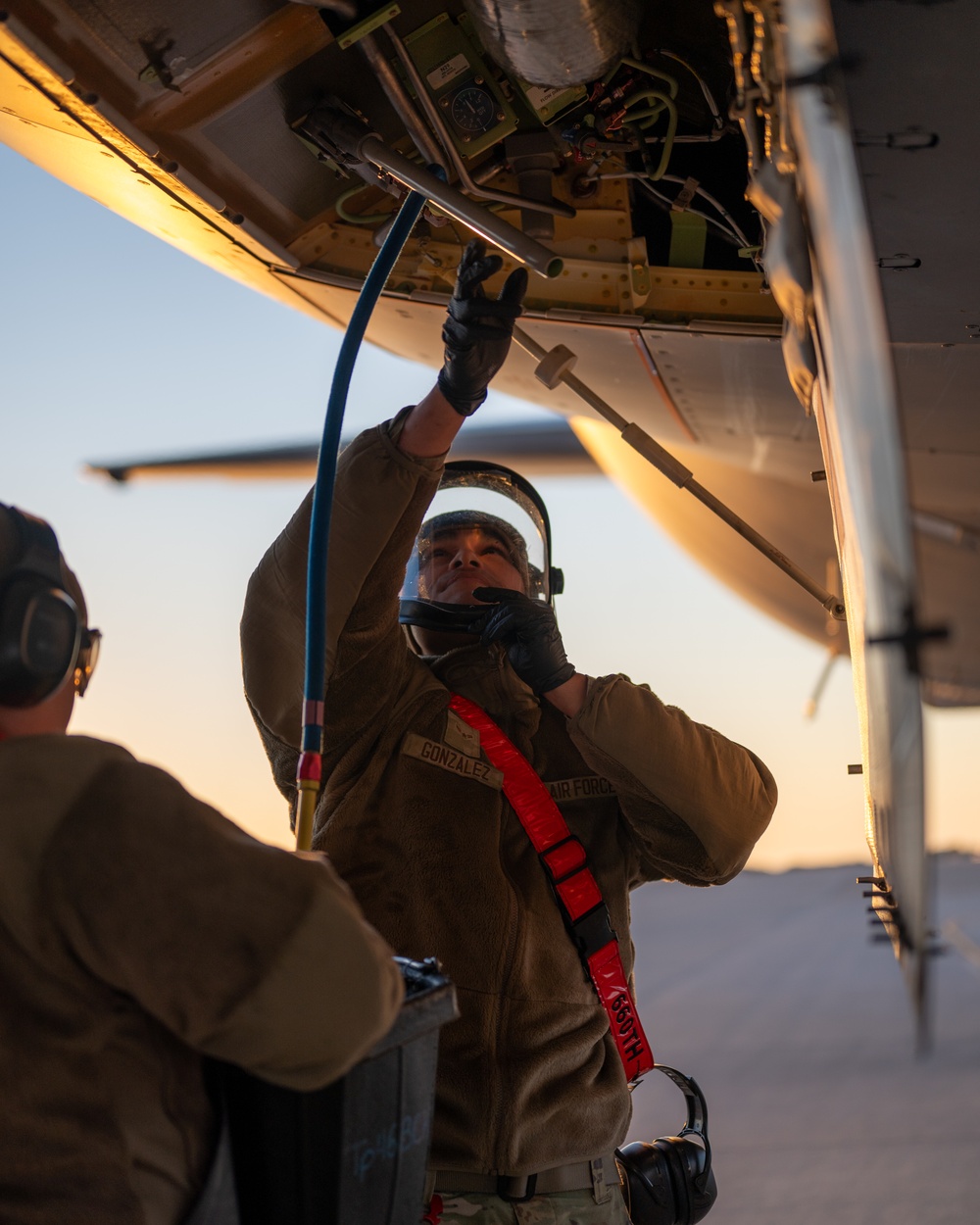 660th AMXS crew chiefs perform pre-flight inspection on KC-46A Pegasus